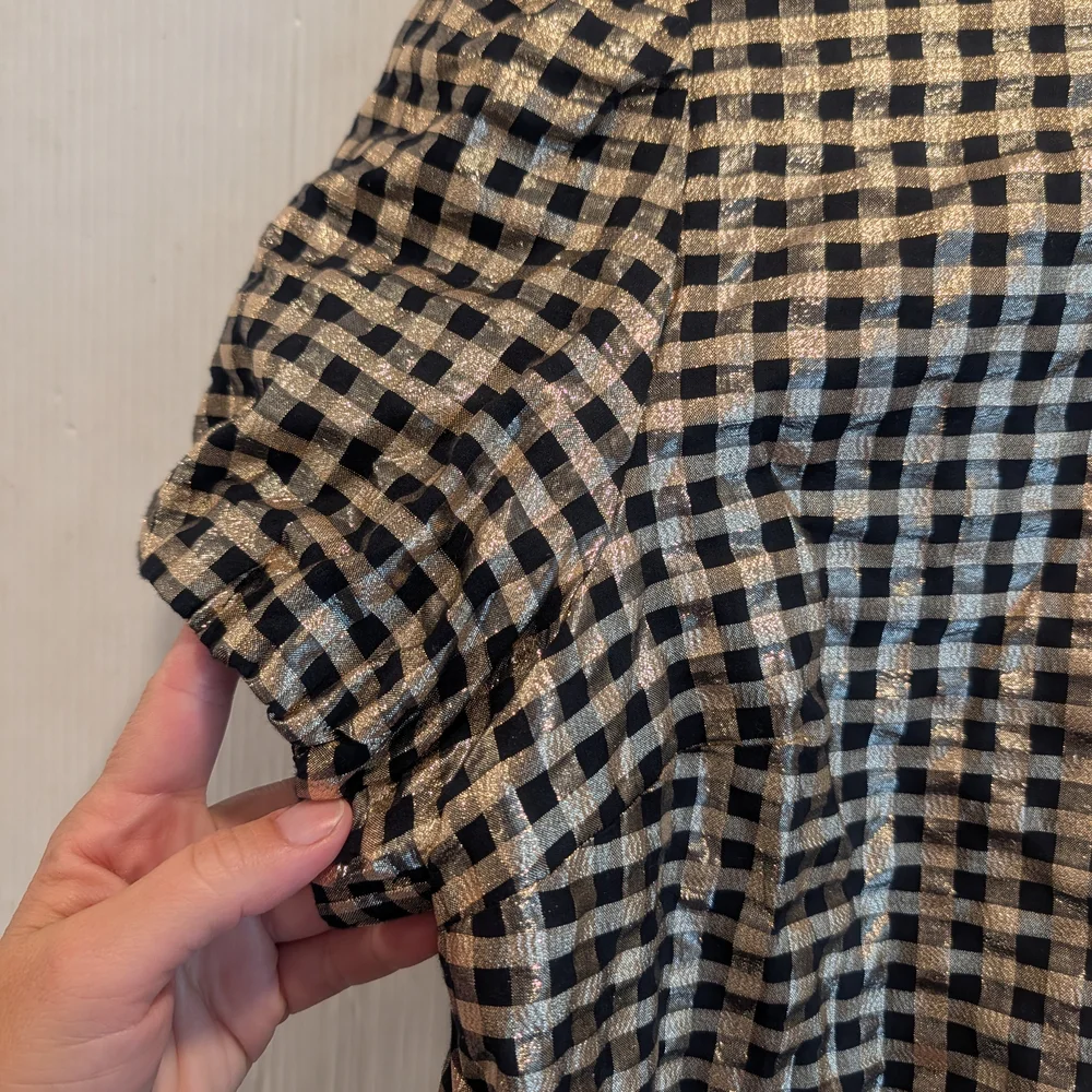 J. CREW Women's Black and Gold Gingham Blouse Holiday Size Medium - Picture 3 of 10